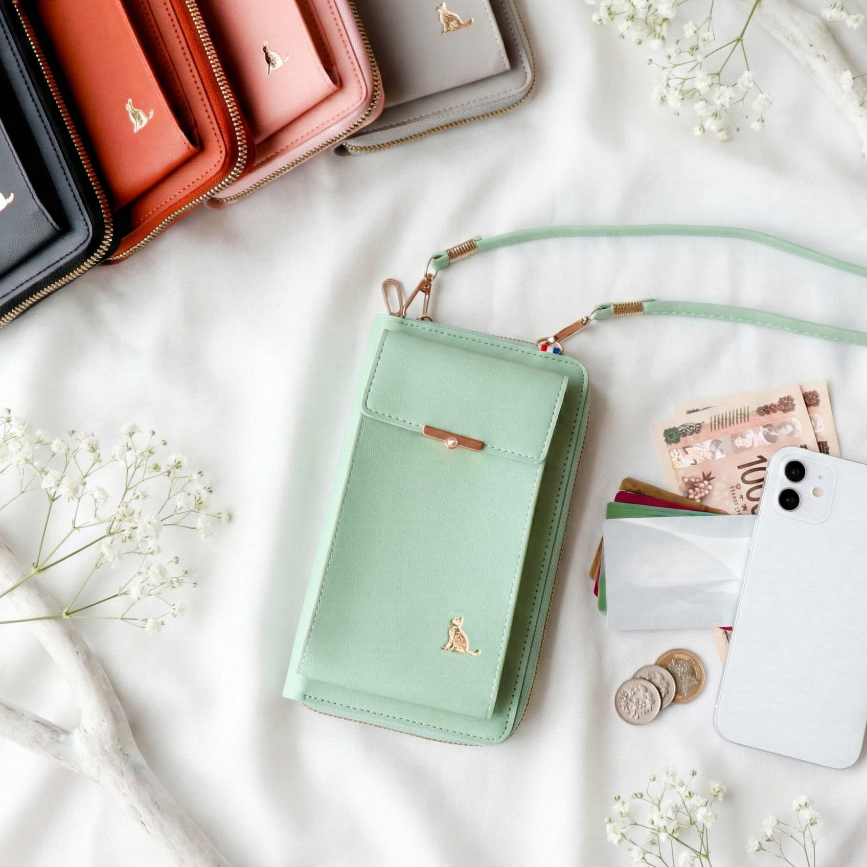 お財布×スマホショルダー パールで上品見え 通勤旅行に便利 猫 ねこ ミントグリーン