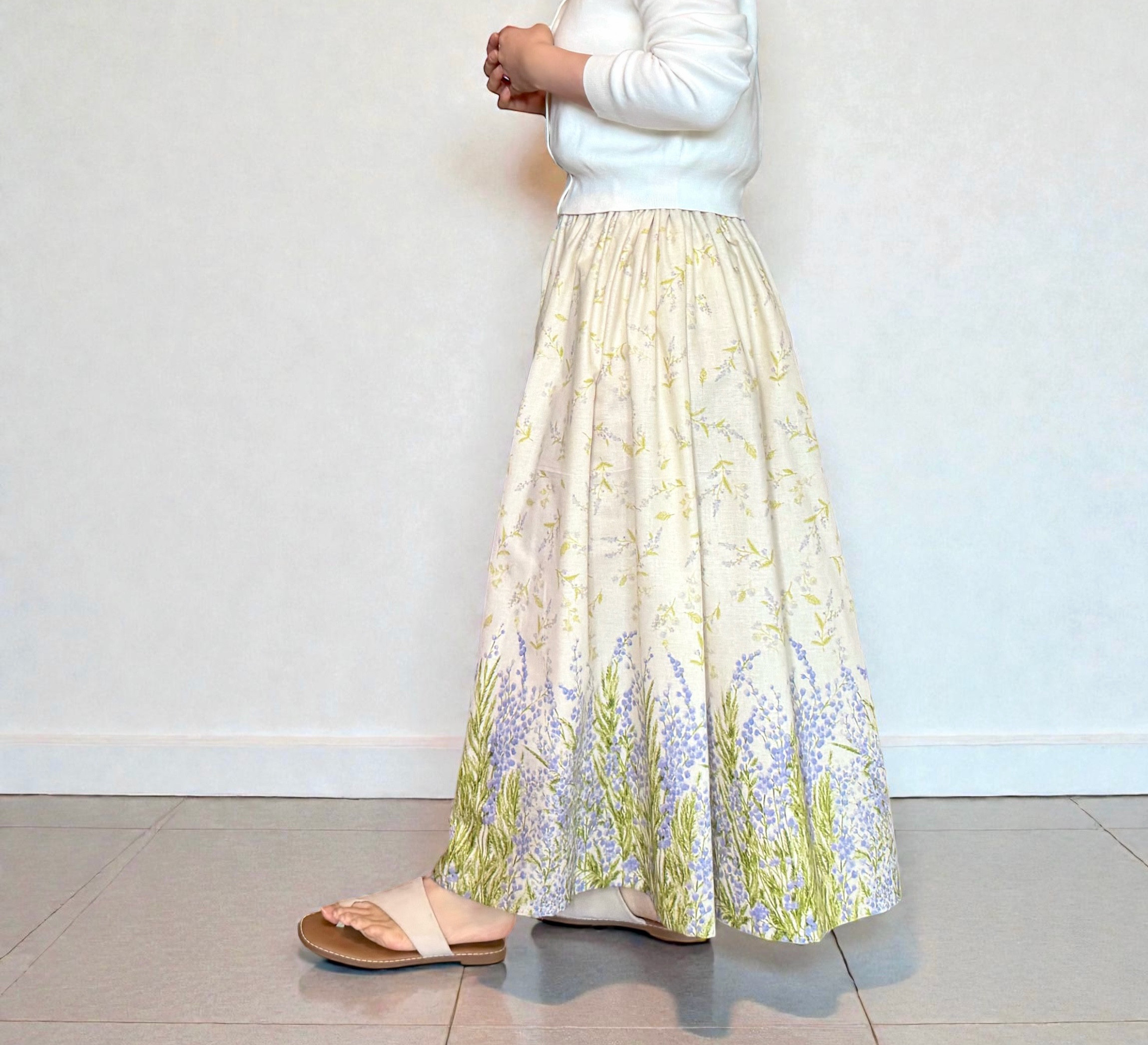 新色♪春の準備♪ミモザプリントのギャザースカート 生成り×ブルー