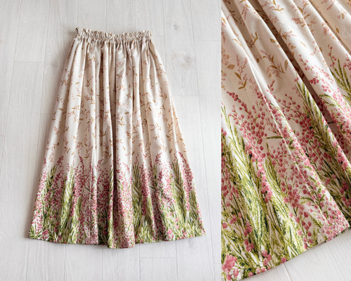 新色♪春の準備♪ミモザプリントのギャザースカート 生成り×ピンク