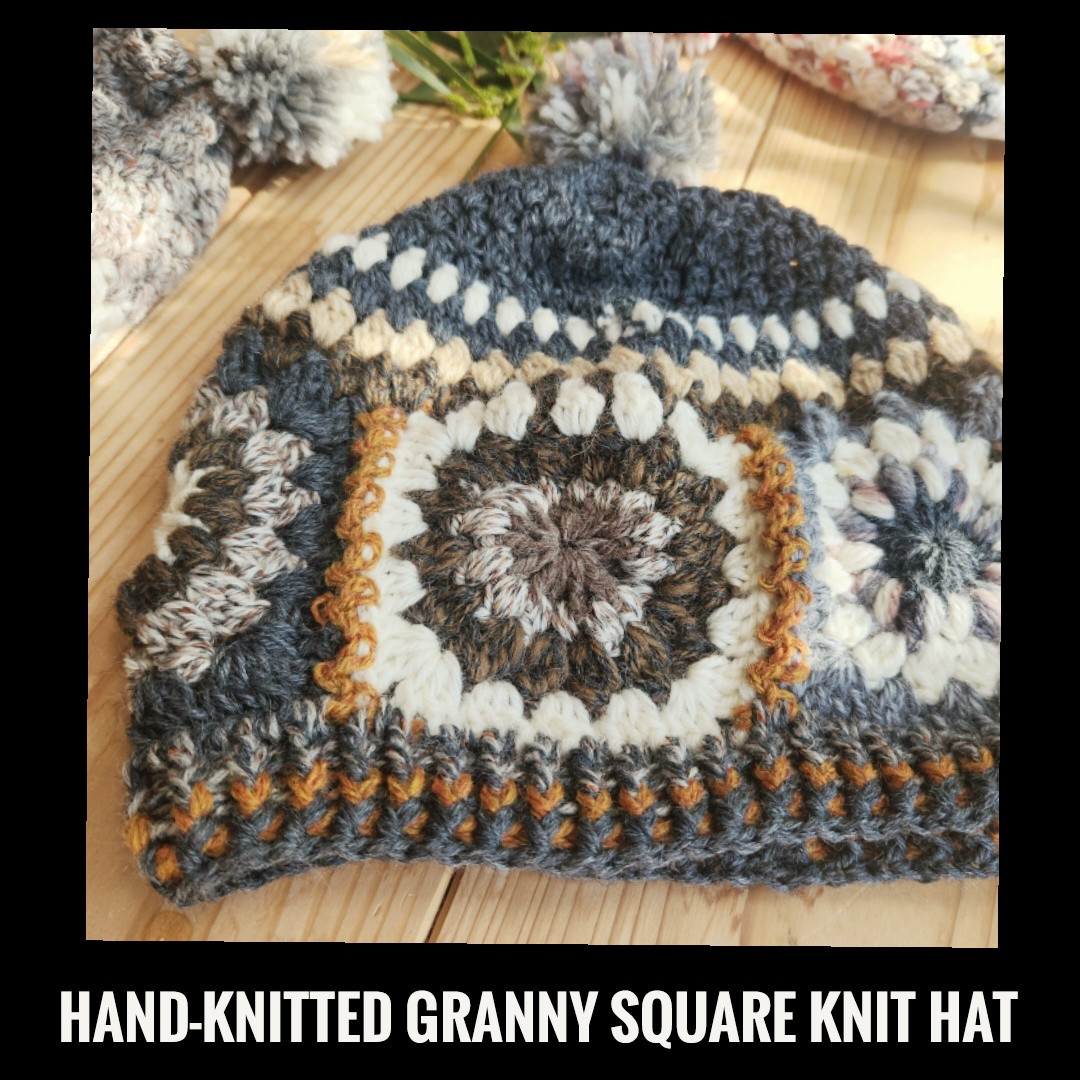 ※送料無料※グラニースクエア※手編み※ニット帽子※ニュアンスチャコールグレー系&マスタード※日本製高級毛糸※フリーサイズ