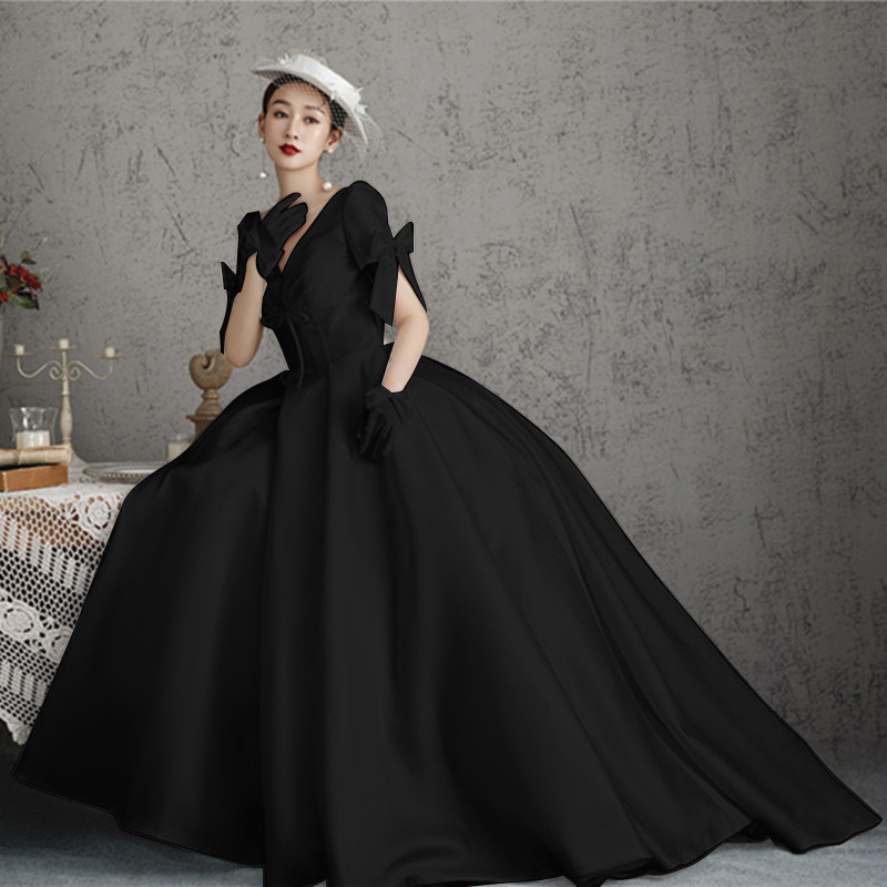 高級感 白黒 サテン パフスリーブ ウェディングドレス リボン 裾引き 花嫁 演奏会 誕生日 成人式 前撮りHL1312