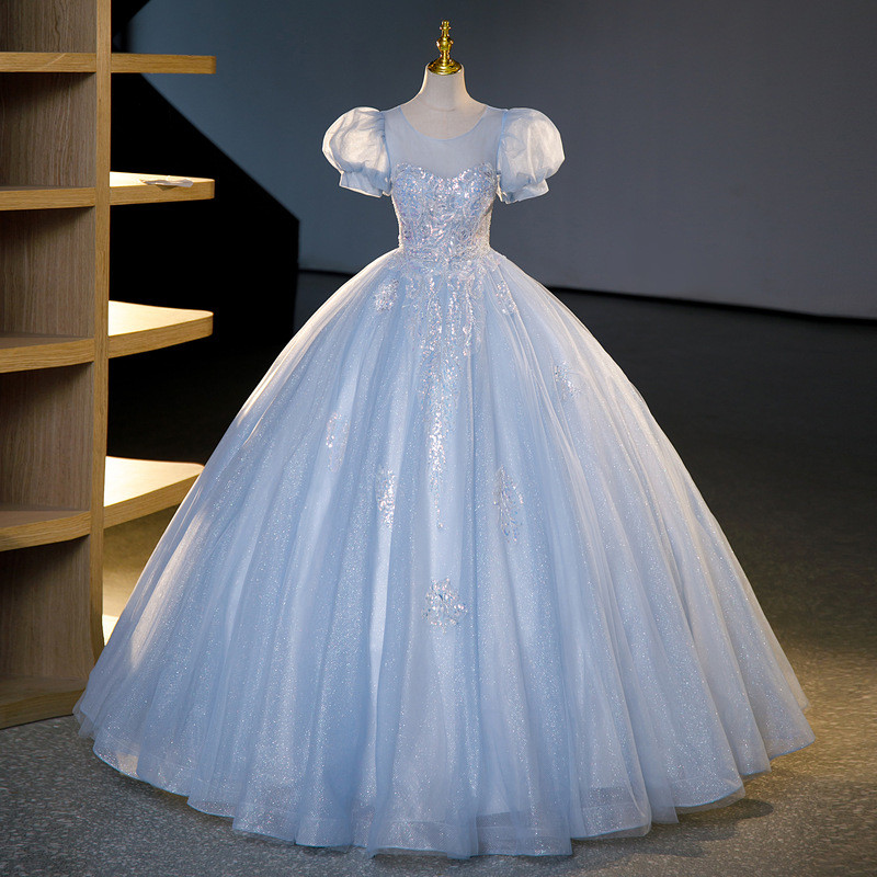 高級感 薄青 ふわふわ パフスリーブ パーティードレス プリンセス 演奏会 誕生日 成人式 前撮り HL1314