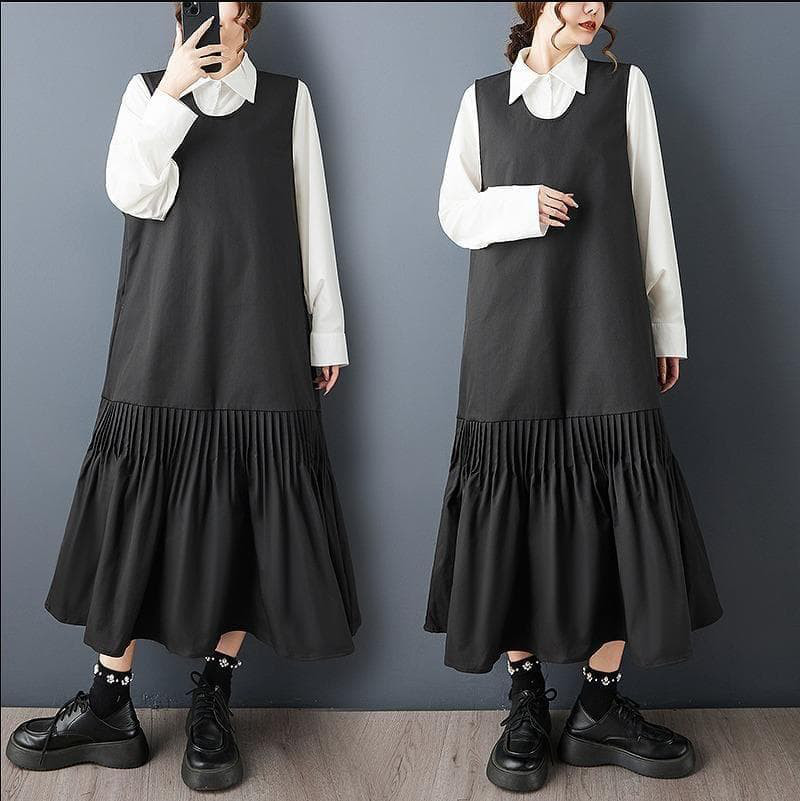 新品 春秋冬 レトロ ロングベスト ワンピース プリーツ 黒 サロペット5