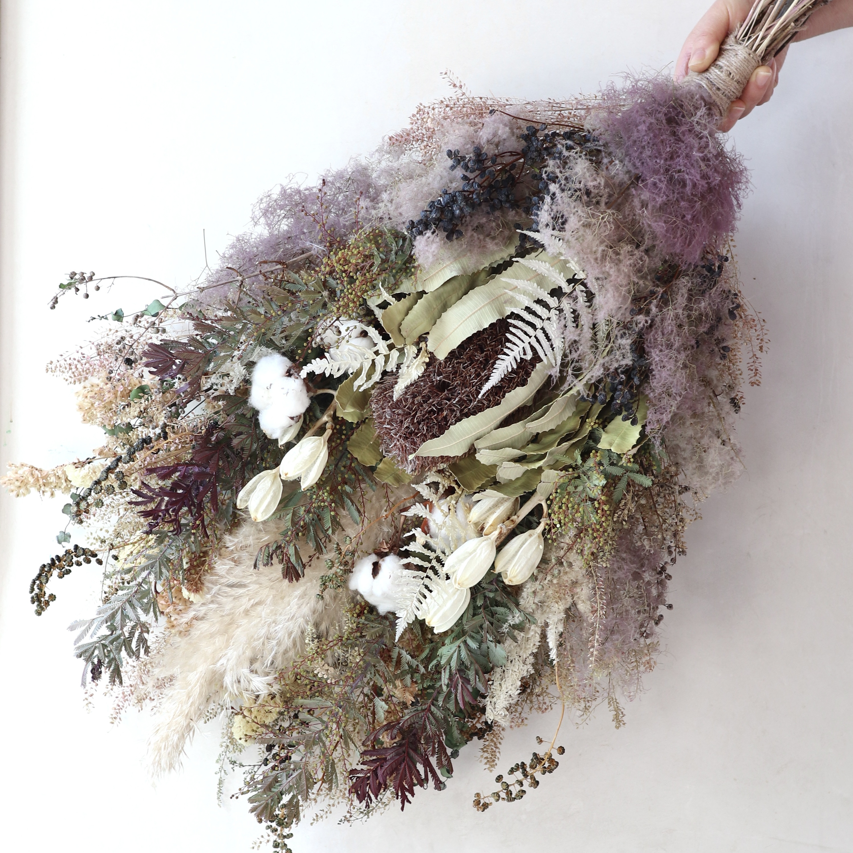 (75cm) ＊特大＊ミモザとワイルドフラワーとスモークツリーのシックなボリュームスワッグ/ドライフラワー/開店祝い/春