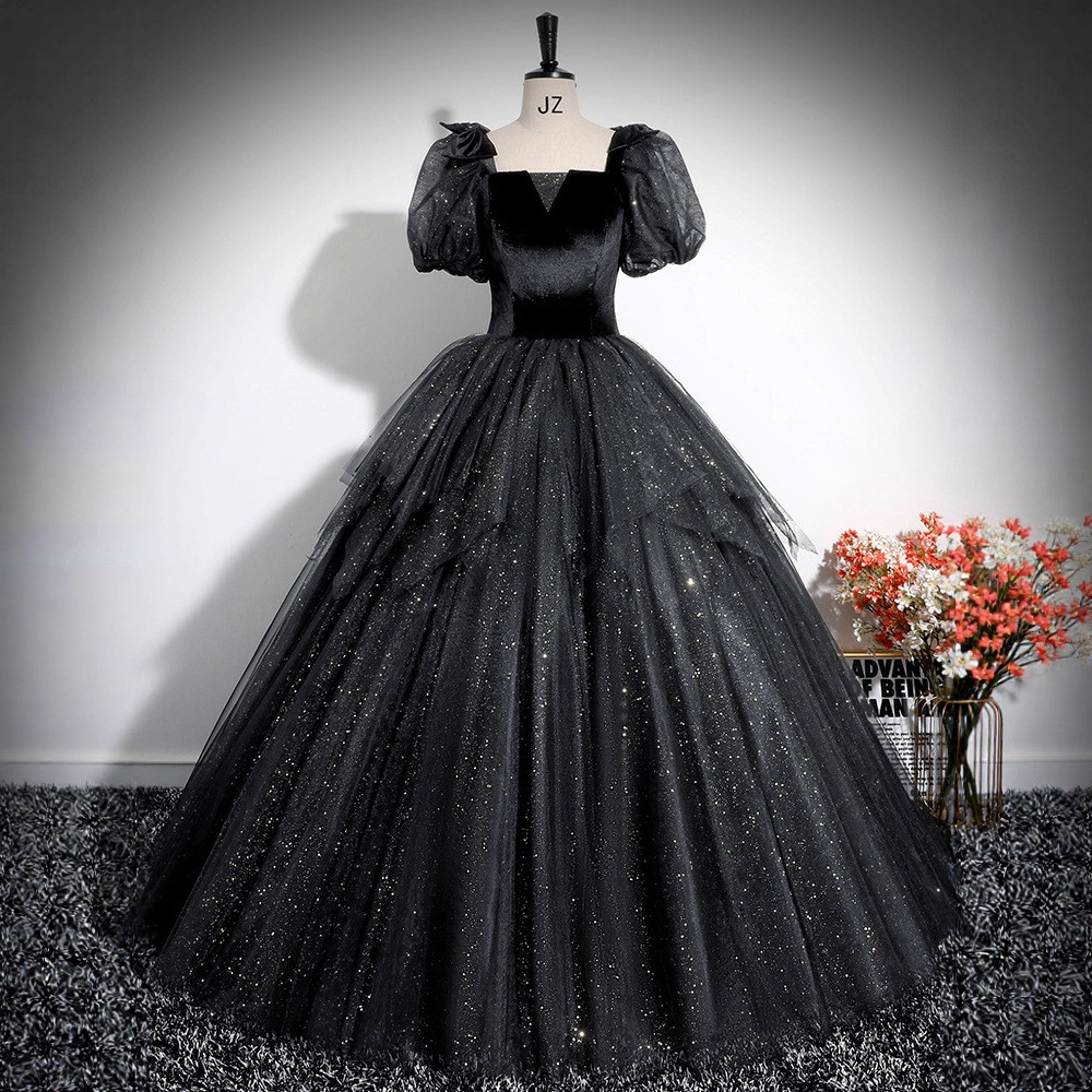 綺麗 黒 ふわふわ パフスリーブ パンコール パーティードレス プリンセス 演奏会 二次会 誕生日 前撮り HL1317