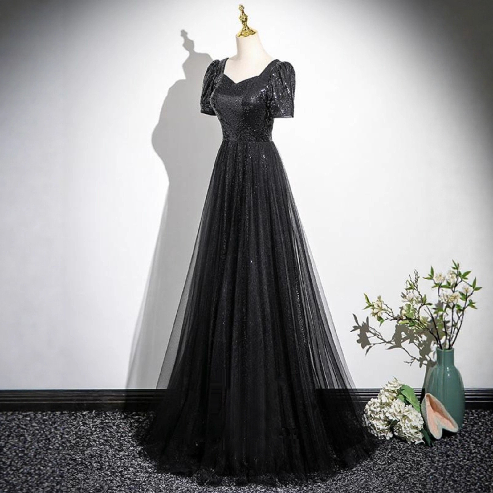 高級感 黒 半袖 パンコール きらきら パーティードレス プリンセス 演奏会 二次会 前撮り HL1318