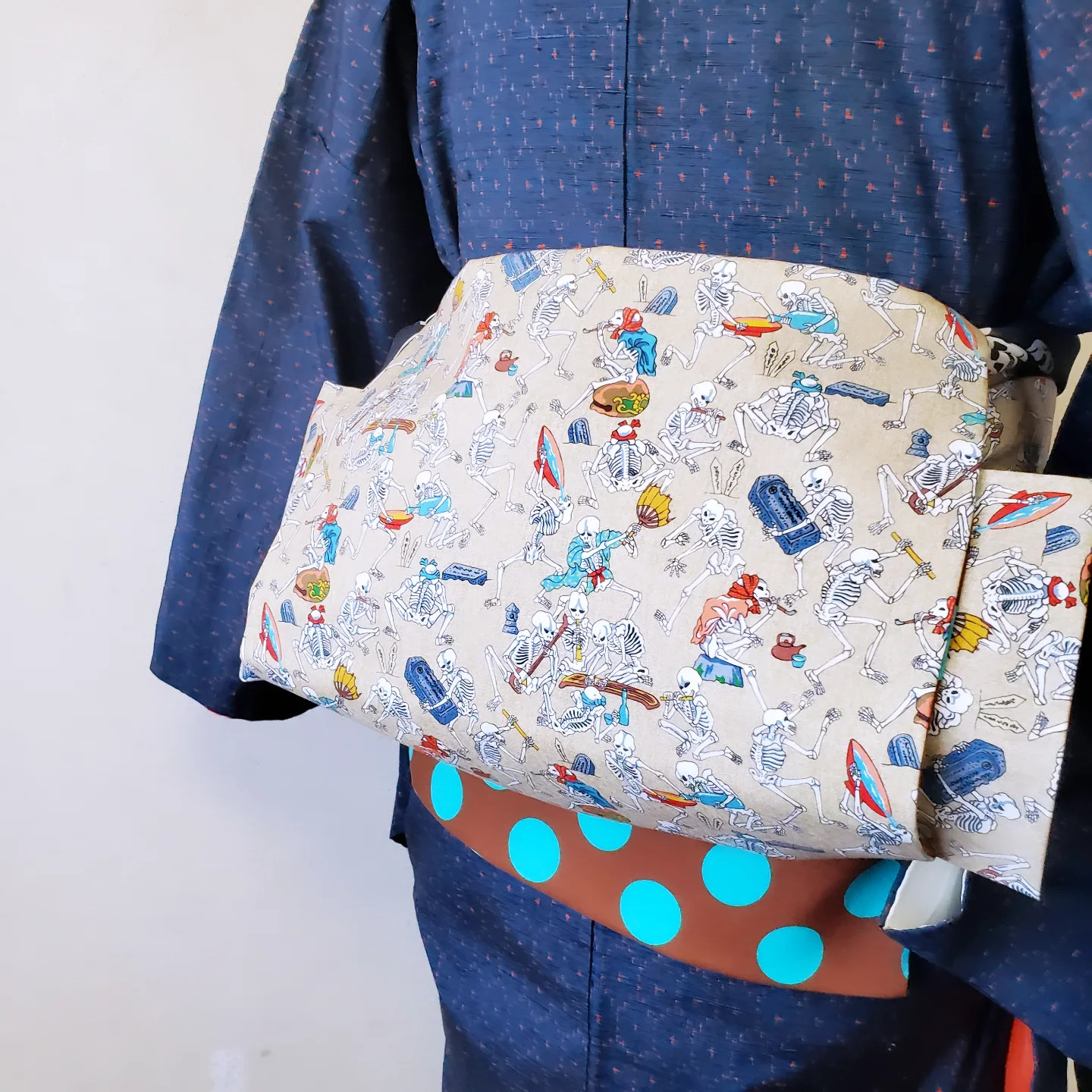 【踊る骸骨の宴】リバーシブル名古屋帯 浮世絵風×水玉 お得な共布半襟セット 着物 きもの 帯