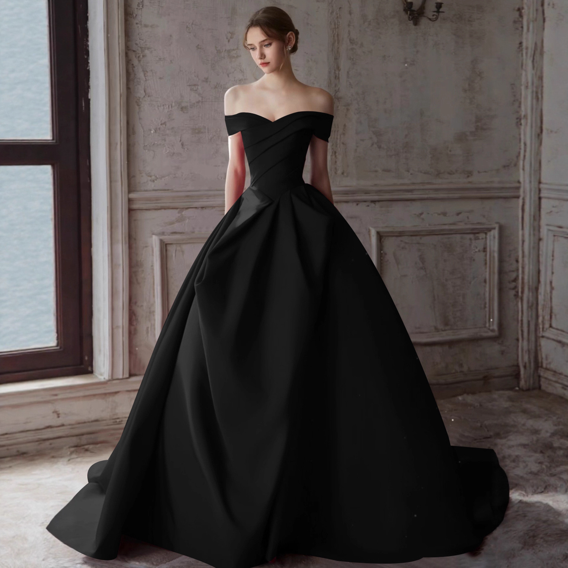 高級感 赤 黒 サテン オフショルダー パーティードレス シンプル 誕生日 成人式 演奏会 二次会 前撮り HL1319