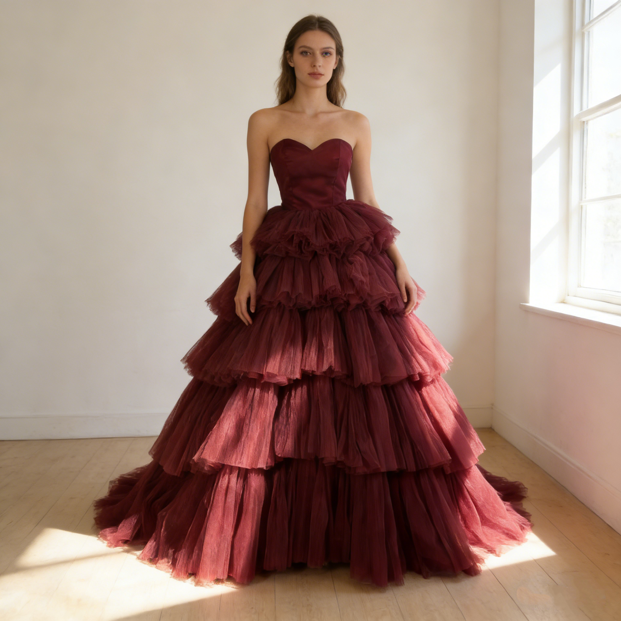 送料無料！カラードレス ボルドー色 ベアトップ ティアードのドレス 編み上げ エレガント 前撮り 結婚式 エアリー感