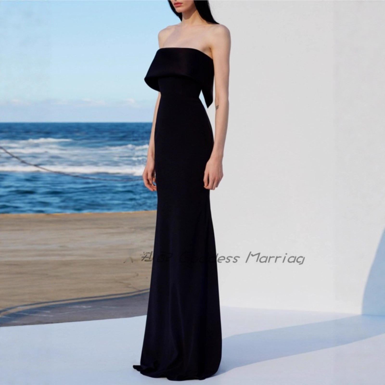 高級感 黒 スリム ノースリーブ パーティードレス シンプル 韓国風 演奏会 誕生日 成人式 前撮り HL1324