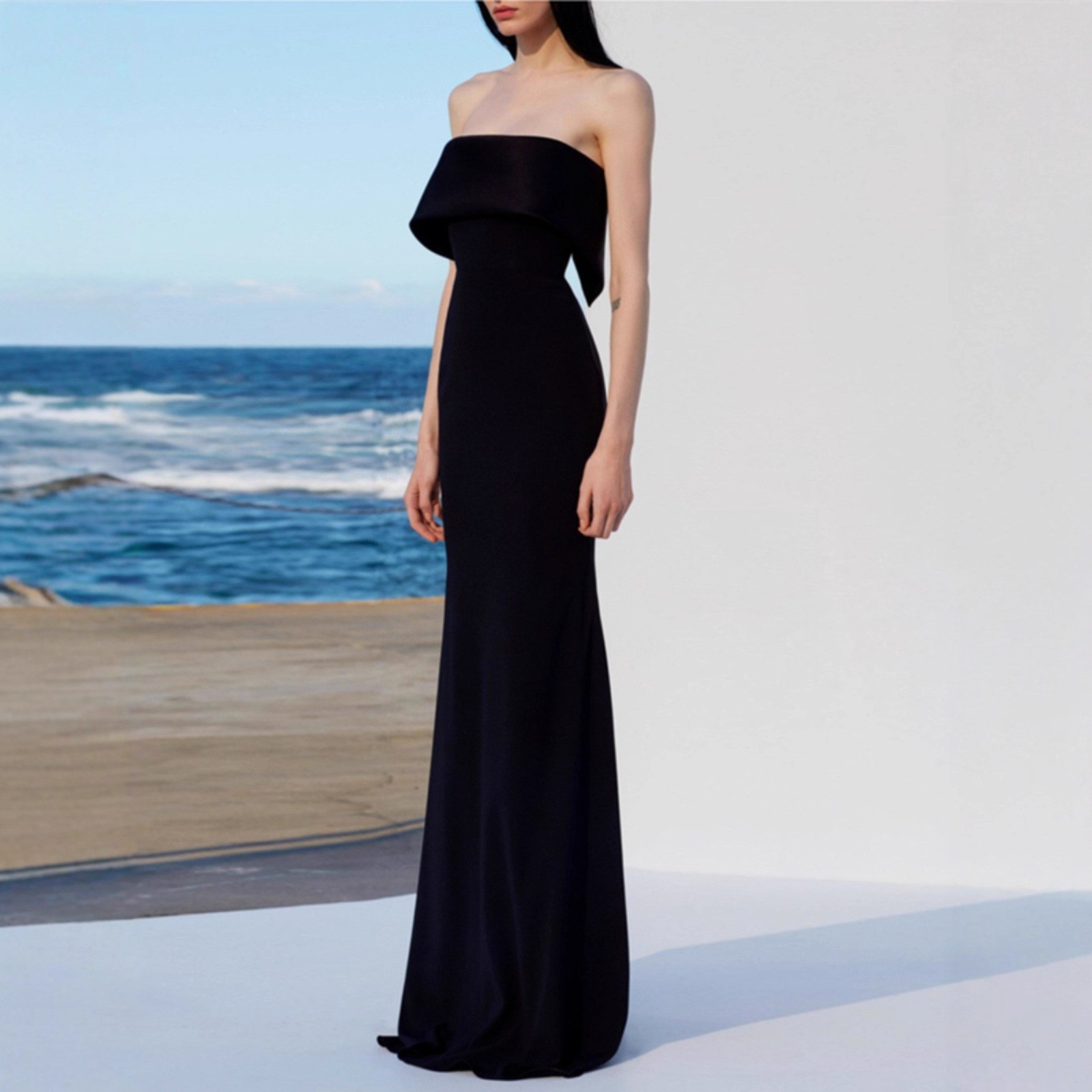 高級感 黒 スリム ノースリーブ パーティードレス シンプル 韓国風 演奏会 誕生日 成人式 前撮り HL1324