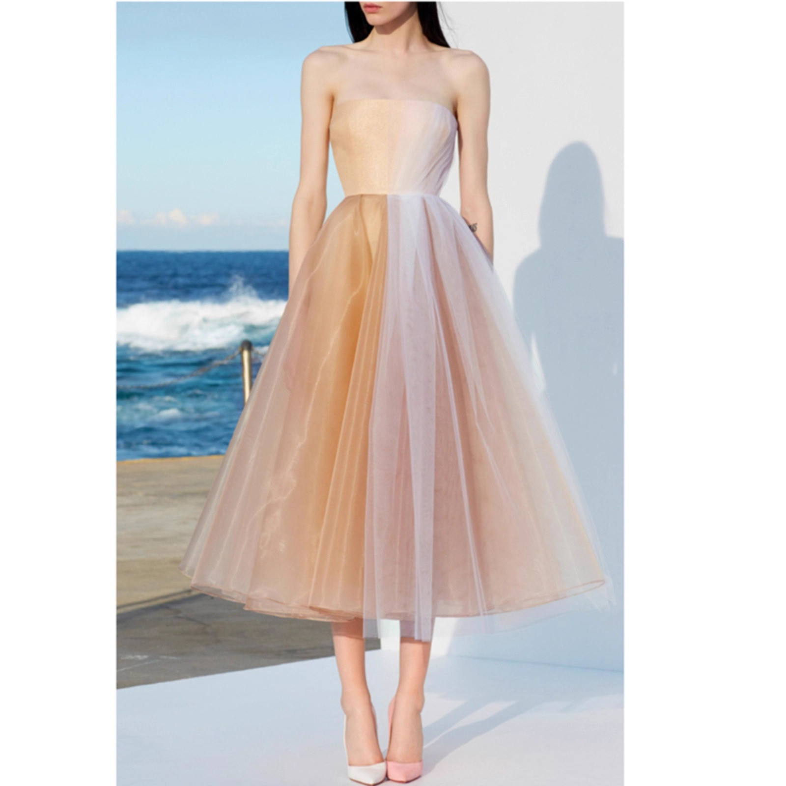 高級感 シャンパン色 ふわふわ オフショルダー パーティードレス シンプル 韓国風 誕生日 成人式 前撮り HL1325