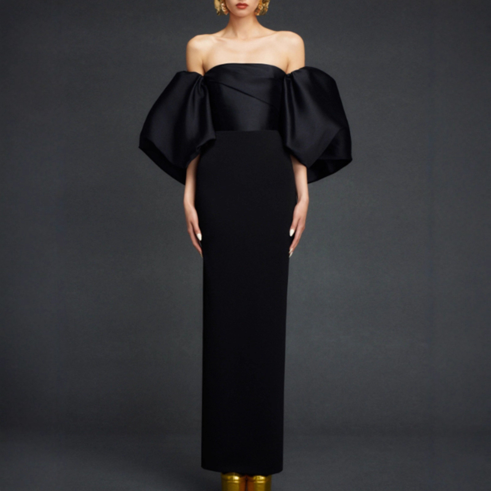 高級感 黒 スリム オフショルダー パーティードレス シンプル 韓国風 演奏会 パーティー 二次会 前撮り HL1326