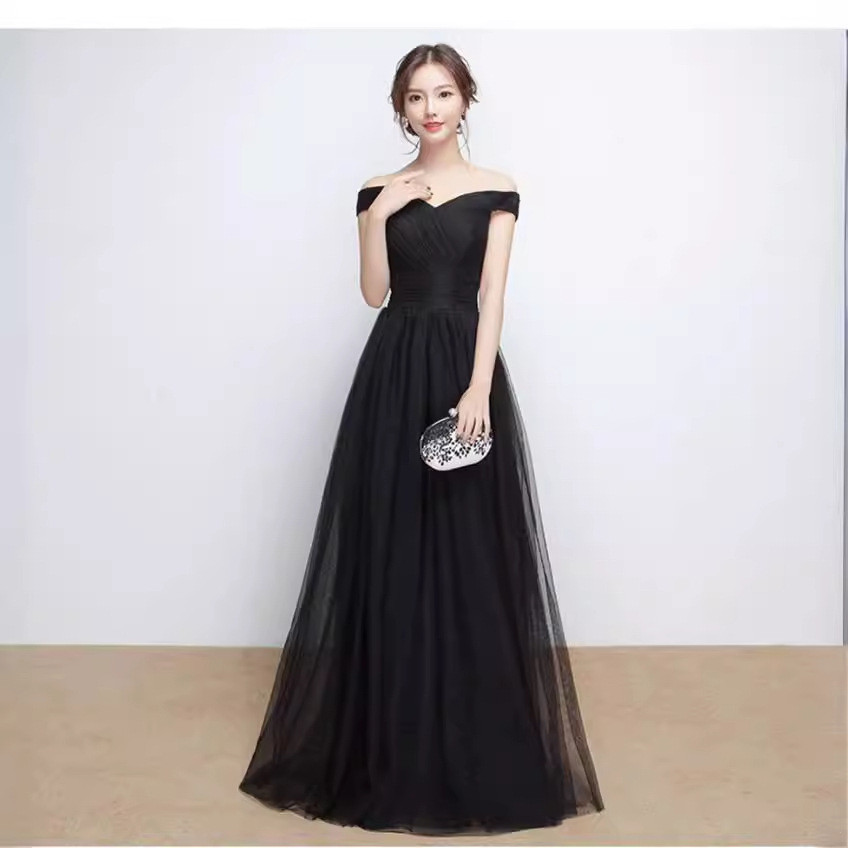 高級感 パーティードレス 黒 オフショルダー シンプル 韓国風 誕生日 成人式 前撮り 二次会 お呼ばれ AK800