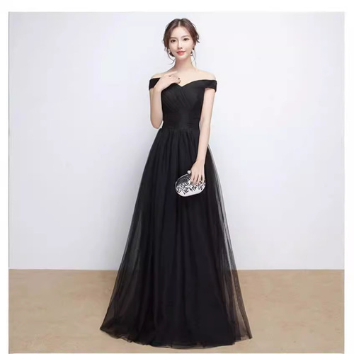高級感 パーティードレス 黒 オフショルダー シンプル 韓国風 誕生日