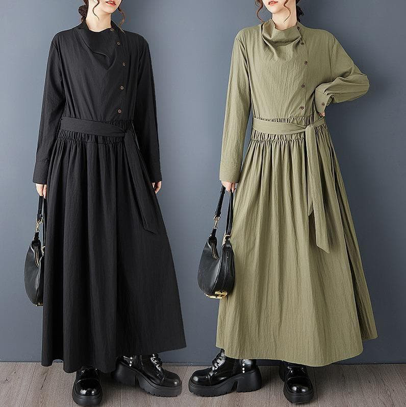 新品 大きいサイズ 春 秋冬 黒 プリーツ ロングワンピース ゆったりm