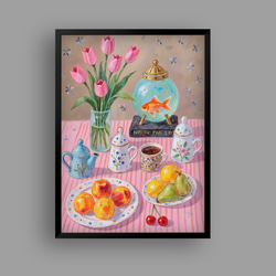 絵画 。壁掛け絵【夜光の蛍の火とピンクの花の海、緑のドレスを着た