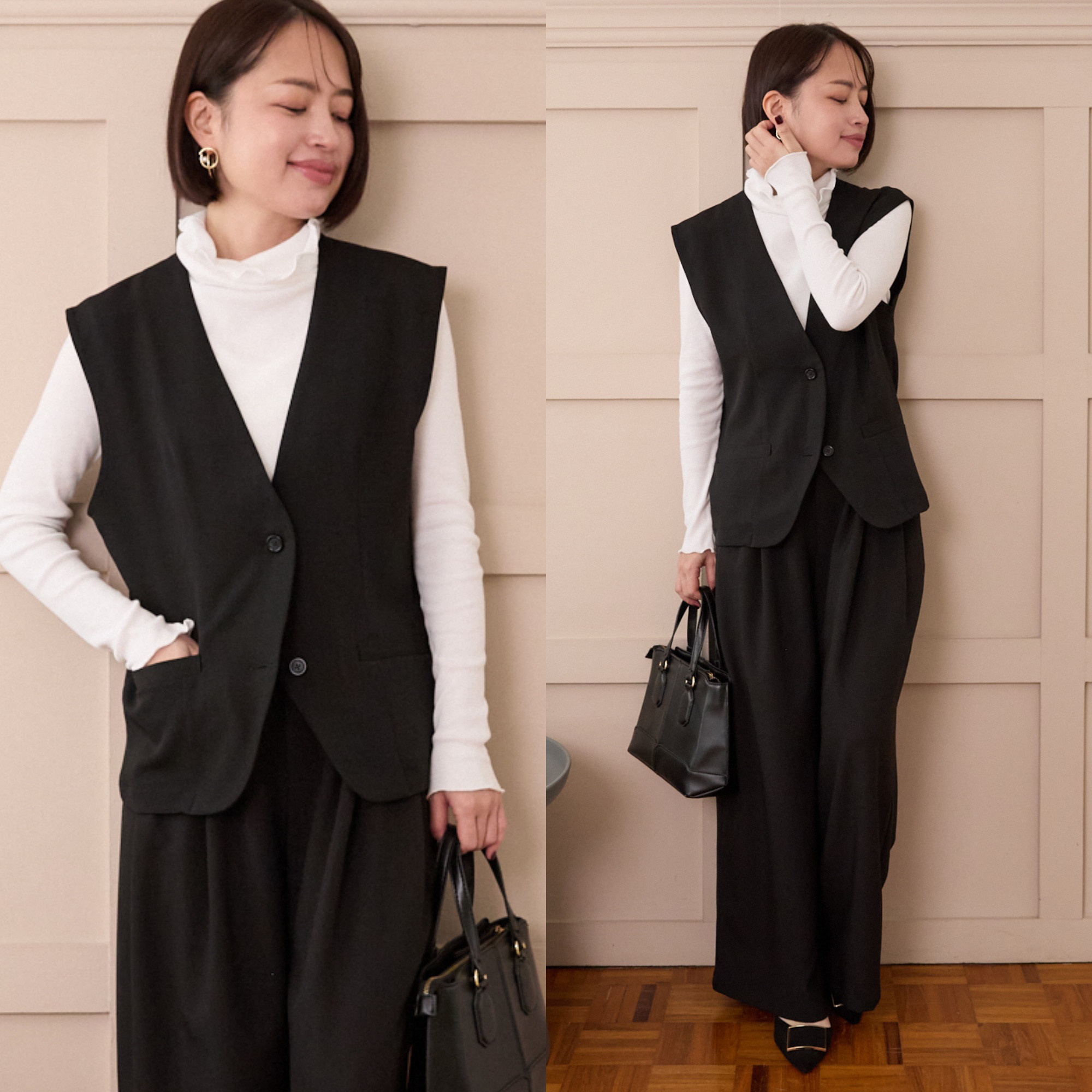 【着回しが効くセットアップ】美シルエット✨ サラサラ素材 ジレとプリーツワイドパンツ セット ブラック