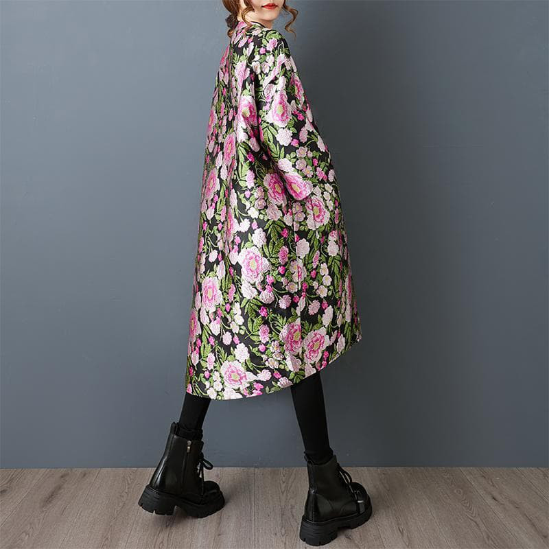 新品 大きいサイズ ゆったり 花柄 刺繍 トレンチコート ミドル丈 黒 春 秋冬