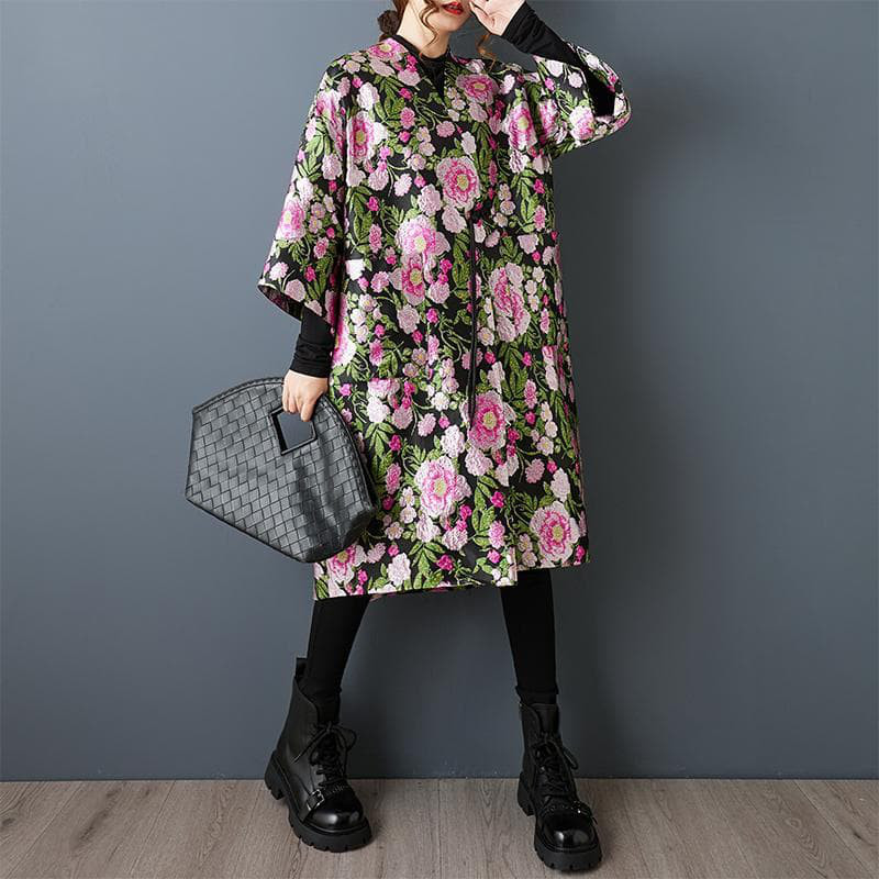 新品 大きいサイズ ゆったり 花柄 刺繍 トレンチコート ミドル丈 黒 春 秋冬