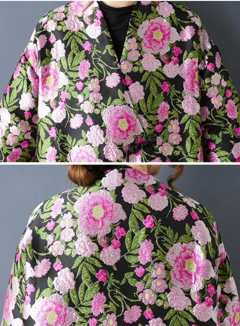 新品 大きいサイズ ゆったり 花柄 刺繍 トレンチコート ミドル丈 黒 春 秋冬