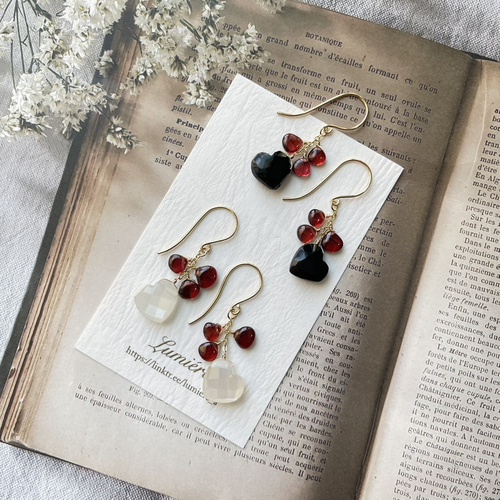 14kgf＊ガーネット&ハートオニキスのピアス ピアス（フック・チェーン
