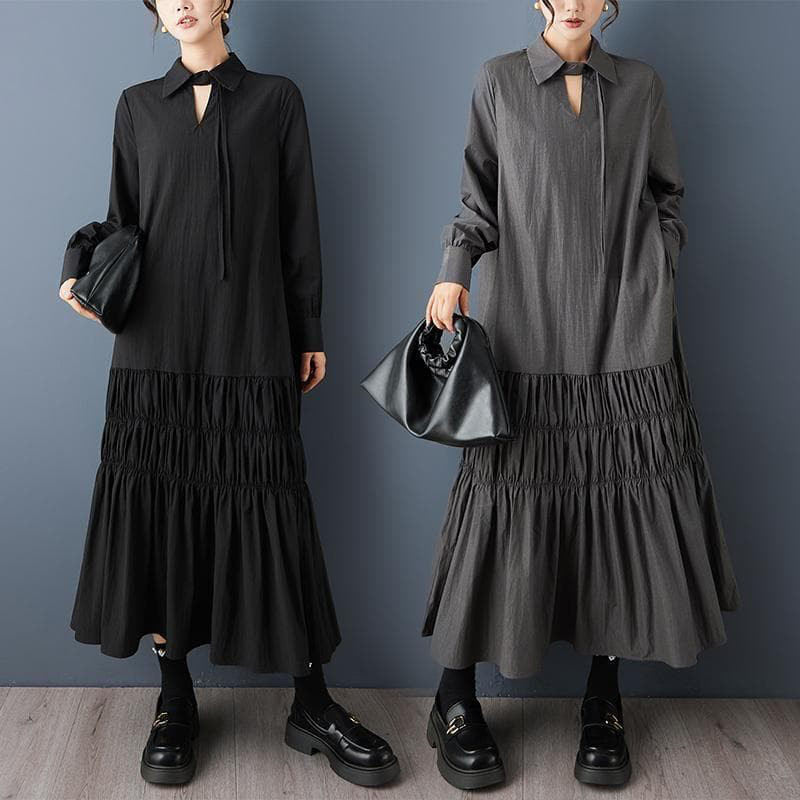 新品 大きいサイズ ゆったり ティアード ロングワンピース グレー ギャザーｋ