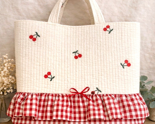 トートバッグ ハンドメイド ヌビキルト さくらんぼ刺繍 入園通学 サブ
