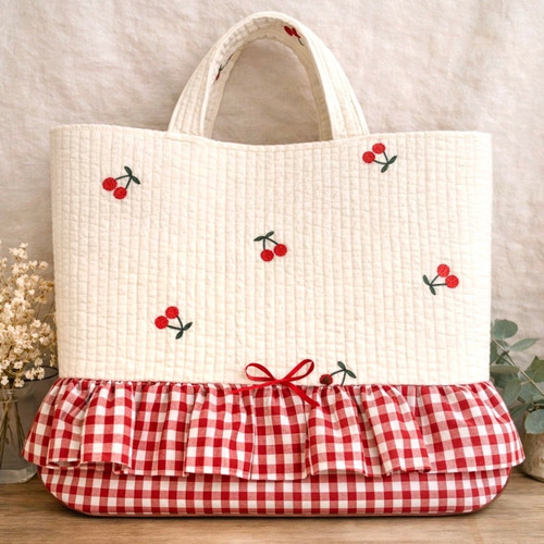 トートバッグ ハンドメイド ヌビキルト さくらんぼ刺繍 入園通学 サブ