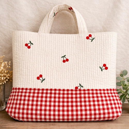 トートバッグ ハンドメイド ヌビキルト さくらんぼ刺繍 入園通学 サブ