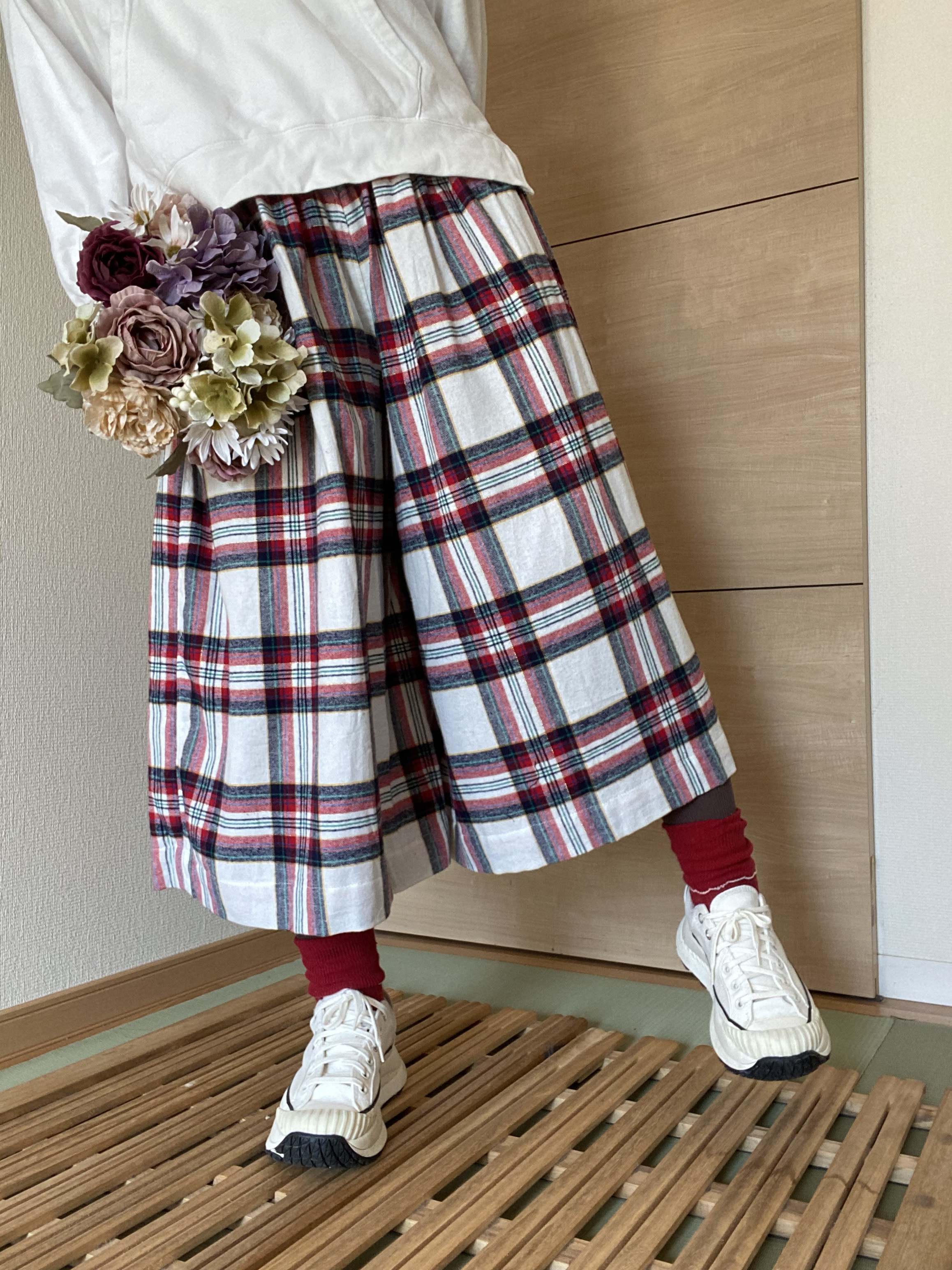 【✩.*˚定番✩.*˚⠀】ゆったりスッキリ☆楽ちんガウチョ☆◆オフホワイトチェック柄