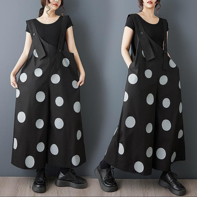 新品　春夏　レトロ 水玉柄 オーバーオール 黒 サロペット　香港風　ｂｙ
