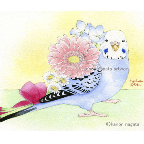 1枚1羽】花と鳥さん・うちの子インコオーダーイラスト/セキセイインコ