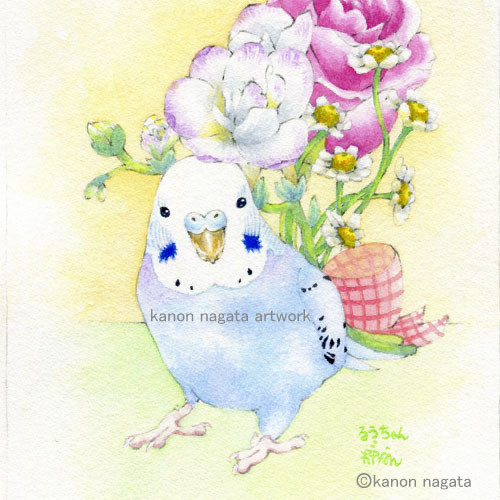 1枚1羽】花と鳥さん・うちの子インコオーダーイラスト/セキセイインコ