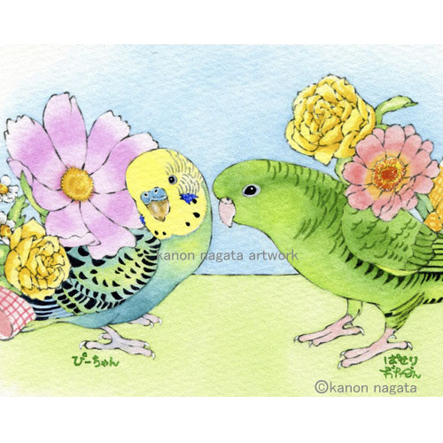 1枚1羽】花と鳥さん・うちの子インコオーダーイラスト/セキセイインコ