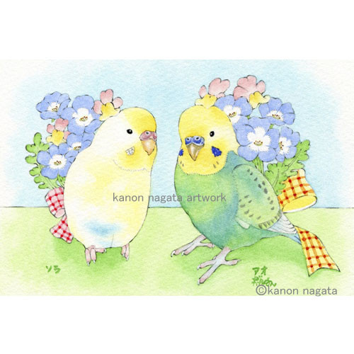 1枚1羽】花と鳥さん・うちの子インコオーダーイラスト/セキセイインコ