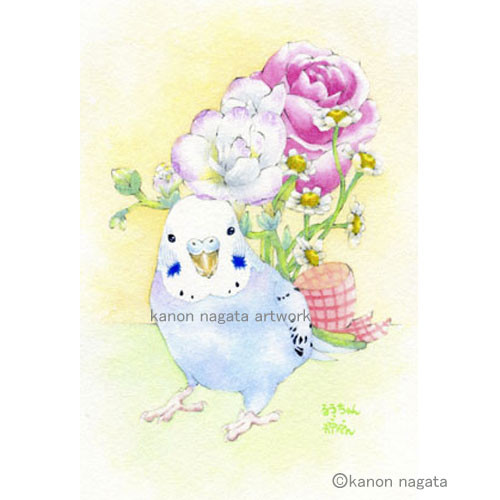 1枚1羽】花と鳥さん・うちの子インコオーダーイラスト/セキセイインコ