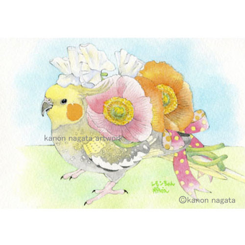 1枚1羽】花と鳥さん・うちの子インコオーダーイラスト/セキセイインコ