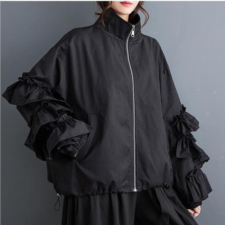 新作 大きいサイズ フリル ショート丈 ブルゾン ジャケット 新品秋冬長袖8。