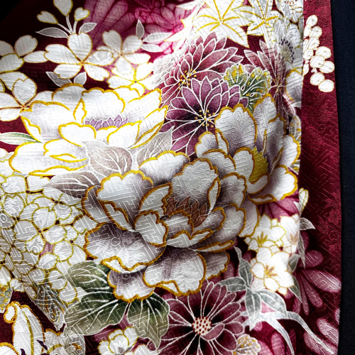 振袖　着物リメイク　ドレス　黒×牡丹や菊　和柄　ワンピース　ハンドメイド 振袖 着物リメイク ドレス 黒×花籠と牡丹や菊 和柄 ワンピース