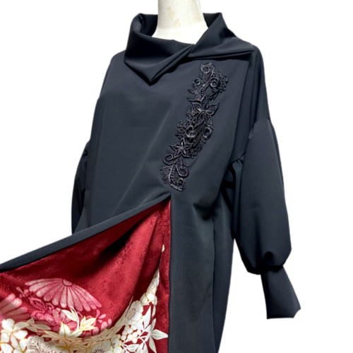 振袖 着物リメイク ドレス 和柄 ワンピース 黒×百合や牡丹や菊 ぽわん