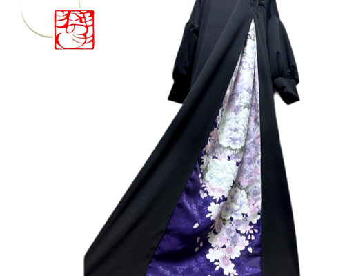 振袖 着物リメイク ドレス 和柄 ワンピース ぽわん袖 変わり襟 黒×金彩