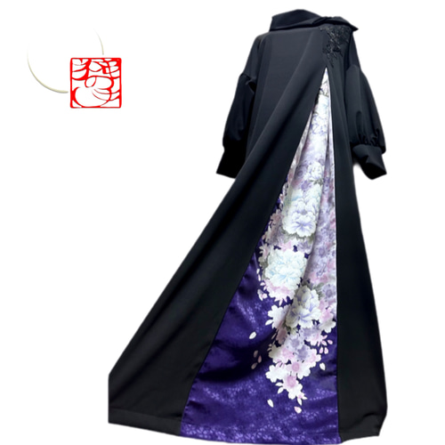 振袖 着物リメイク ドレス 和柄 ワンピース ぽわん袖 変わり襟 黒×金彩