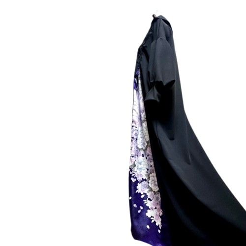 振袖 着物リメイク ドレス 和柄 ワンピース ぽわん袖 変わり襟 黒×金彩