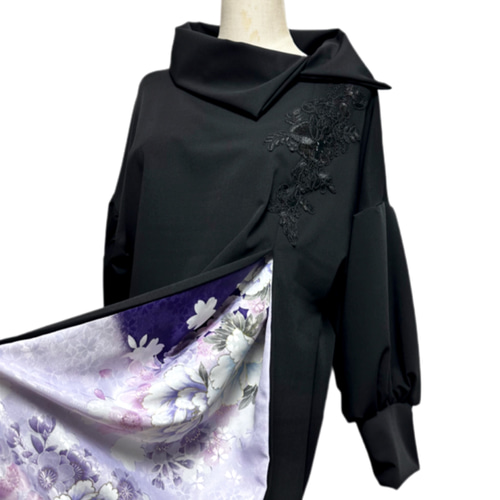 振袖　着物リメイク　ドレス　黒×松竹梅　和柄　ワンピース　ハンドメイド 振袖 着物リメイク ドレス 黒×松竹梅 和柄 ワンピース ハンドメイド