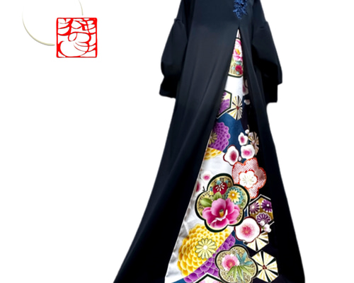 振袖 着物リメイク ドレス 濃紺×金彩梅や菊 和柄 ワンピース