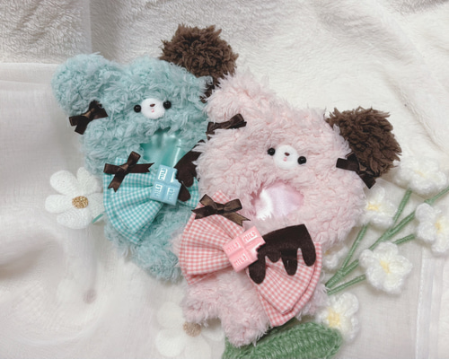 10-14cm ぬいぐるみ用　着ぐるみ　ぬい服　くま　チェック　いちご　2点 ぬい服 着ぐるみ チョコミント いちごチョコ くまさん ぬいぐるみ aki
