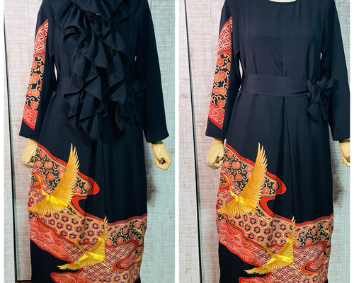 鶴亀甲菊刺繍＊縮緬正絹黒留袖ワンピースL～LL＆ギャザーストール