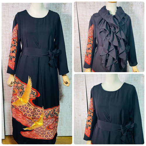 鶴亀甲菊刺繍＊縮緬正絹黒留袖ワンピースL～LL＆ギャザーストール