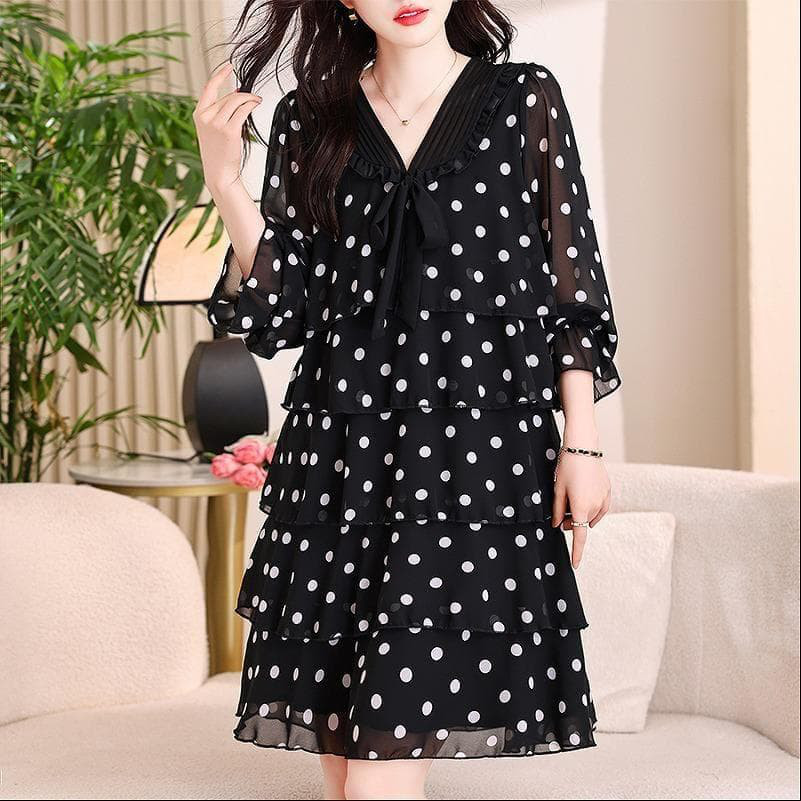 新品 大きいサイズ 春秋冬 ドット シフォン ティアード ワンピース 長袖m4